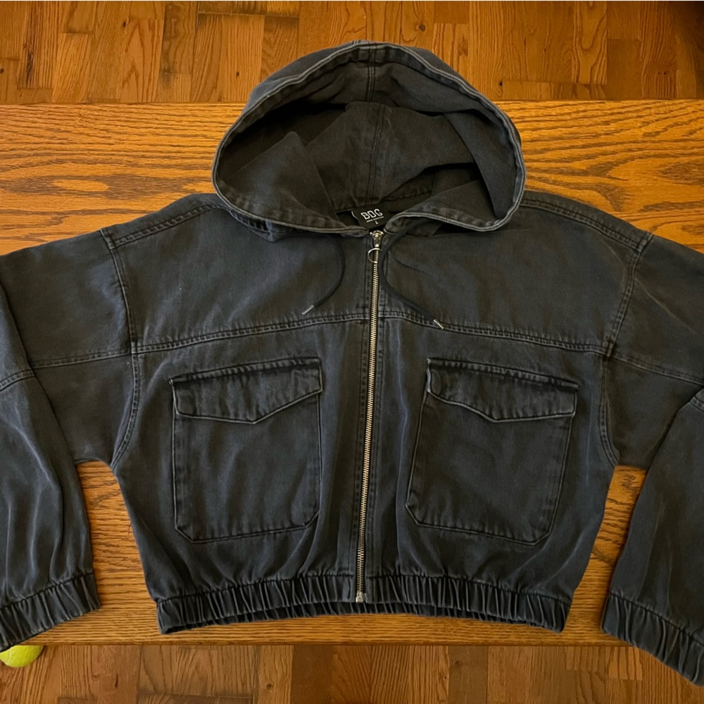 Black Denim Zip-Front Hooded Jacket